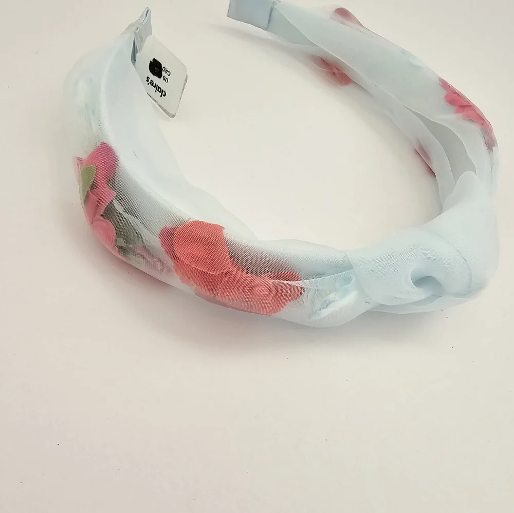 Claire's NWT Knotted Floral Headband - 3D Pink Flowers - Mint Sheer Fabric